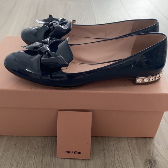 miu miu navy blue bow flats with crystal heels - Picture 2 of 4